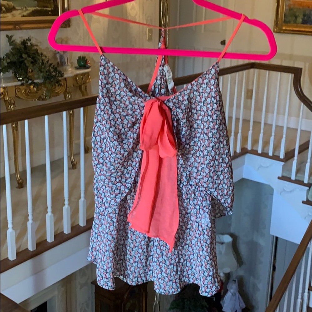 C’isa Sleeveless Floral Navy Top with Coral Bow S